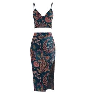 Averie Halley Midi Slit Skirt & Knotted Top Pink & Saffron Floral Leaves Set